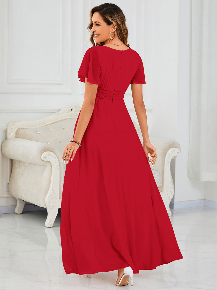 Bodenlanger A-Linien Chiffonkleid Mit Falten Und Rüschen Details Rundhals #Farbe_Rot