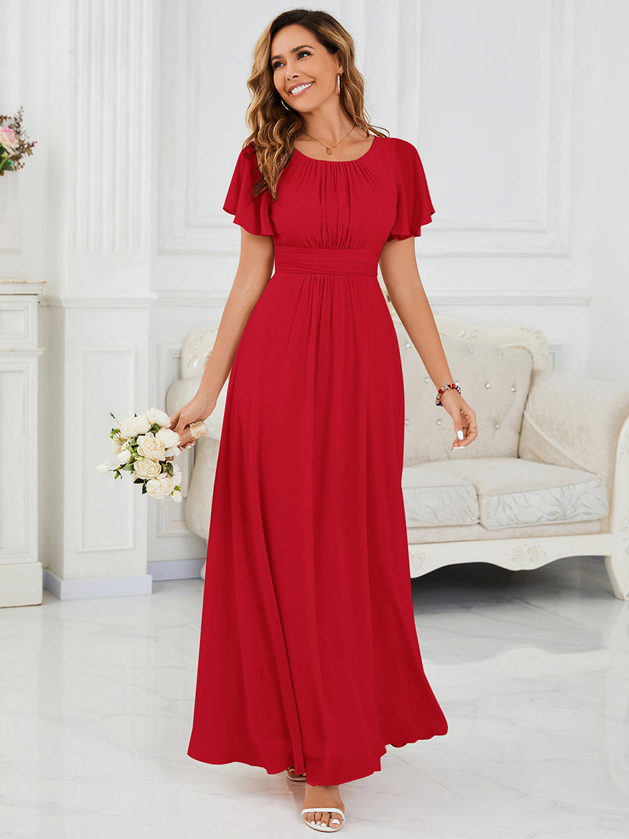 Bodenlanger A-Linien Chiffonkleid Mit Falten Und Rüschen Details Rundhals #Farbe_Rot