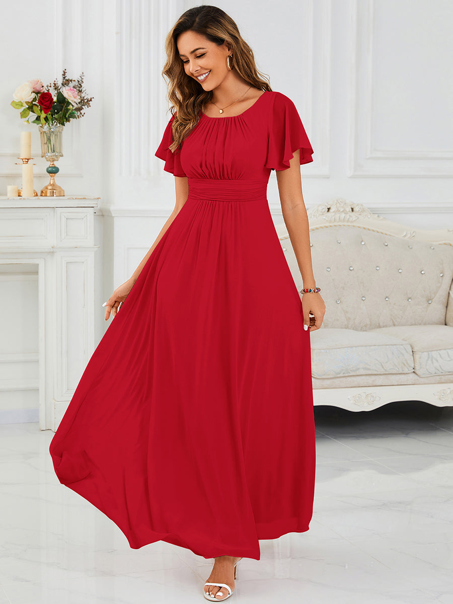 Bodenlanger A-Linien Chiffonkleid Mit Falten Und Rüschen Details Rundhals #Farbe_Rot
