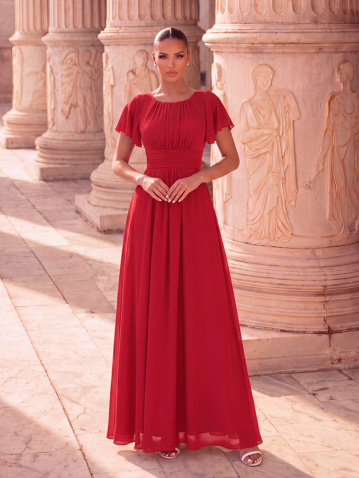 Bodenlanger A-Linien Chiffonkleid Mit Falten Und Rüschen Details Rundhals #Farbe_Rot