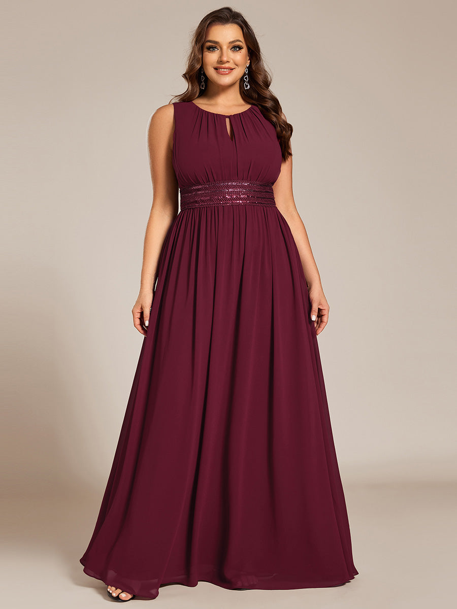 Bodenlanger A-Linien Chiffon Kleid Mit Rundhalsausschnitt Und Bestickten Details #Farbe_Burgunderrot