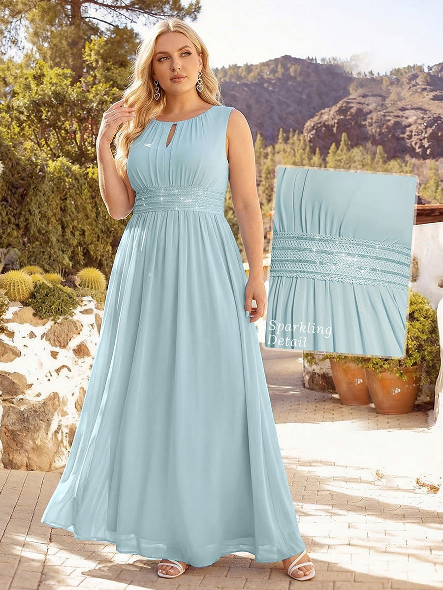 Bodenlanger A-Linien Chiffon Kleid Mit Rundhalsausschnitt Und Bestickten Details #Farbe_Himmelblau
