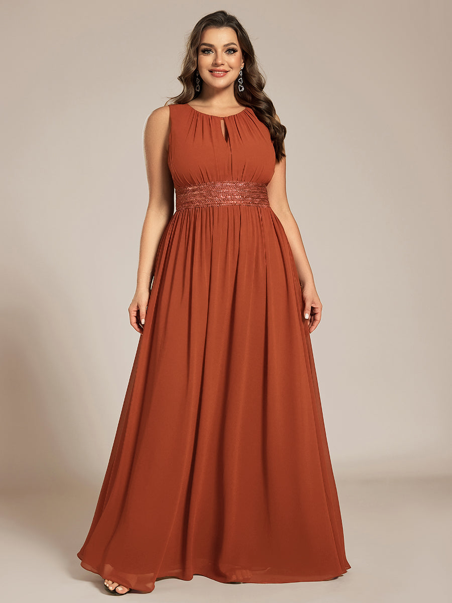 Bodenlanger A-Linien Chiffon Kleid Mit Rundhalsausschnitt Und Bestickten Details #Farbe_Gebranntes Orange