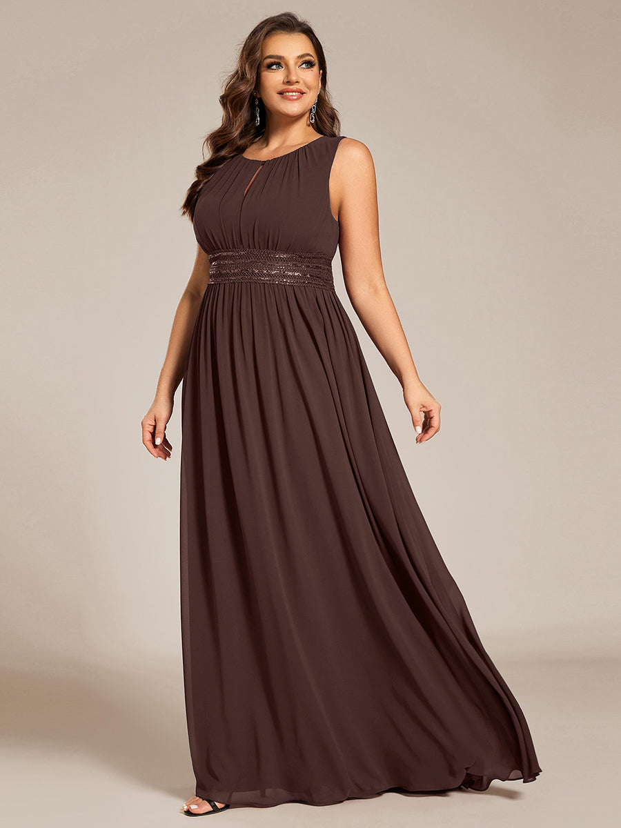 Bodenlanger A-Linien Chiffon Kleid Mit Rundhalsausschnitt Und Bestickten Details #Farbe_Schokoladenbraun