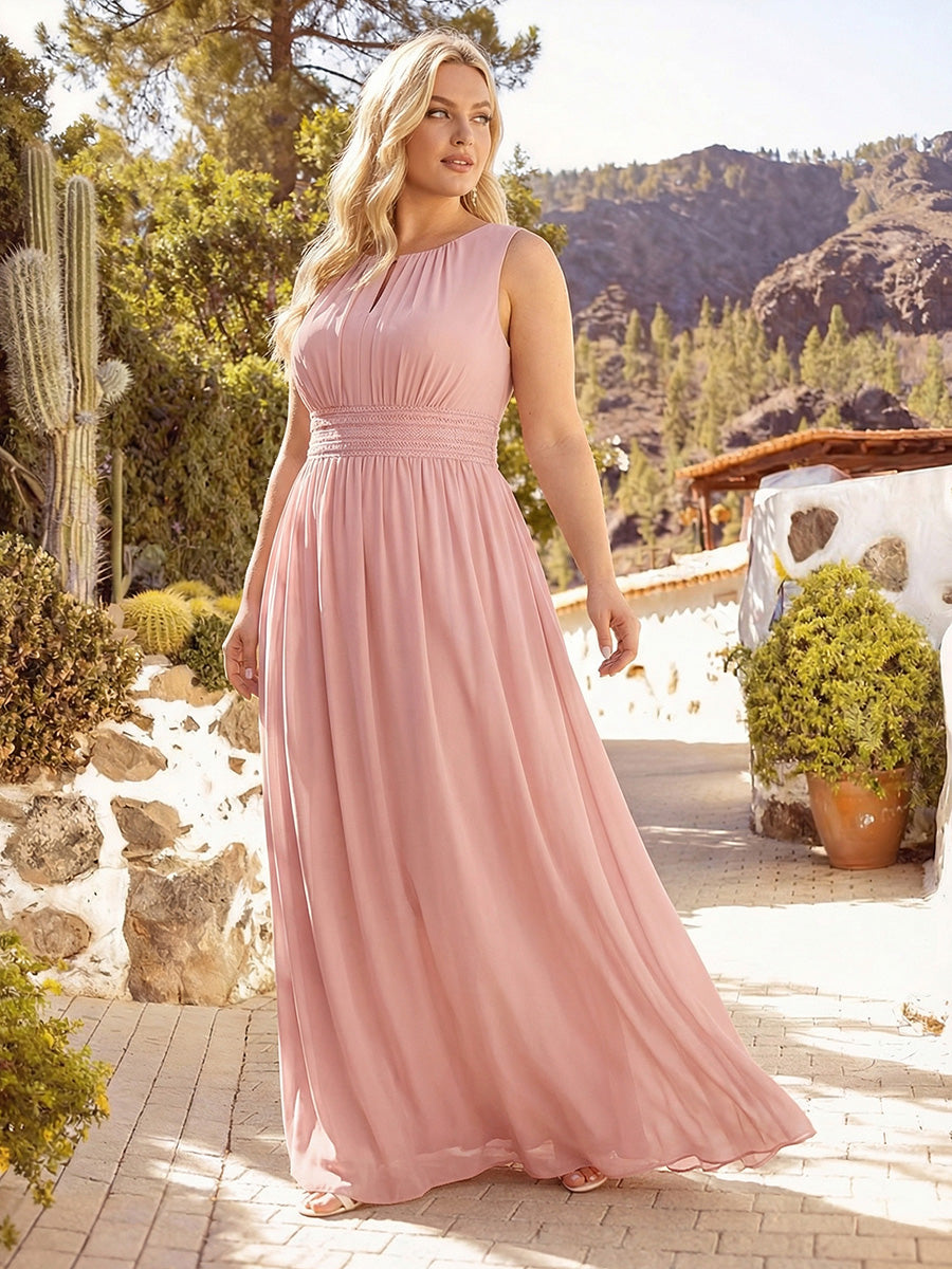 Bodenlanger A-Linien Chiffon Kleid Mit Rundhalsausschnitt Und Bestickten Details #Farbe_Altrosa
