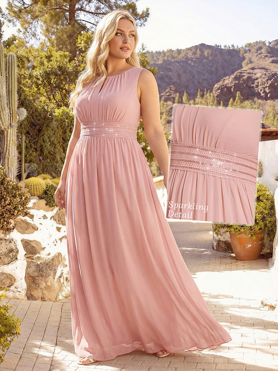 Bodenlanger A-Linien Chiffon Kleid Mit Rundhalsausschnitt Und Bestickten Details #Farbe_Altrosa