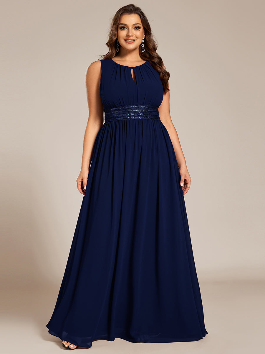 Bodenlanger A-Linien Chiffon Kleid Mit Rundhalsausschnitt Und Bestickten Details #Farbe_Marineblau