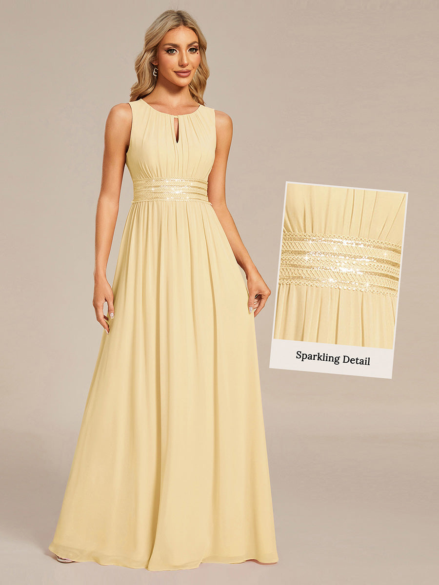 Bodenlanger A-Linien Chiffon Kleid Mit Rundhalsausschnitt Und Bestickten Details #Farbe_Gelb