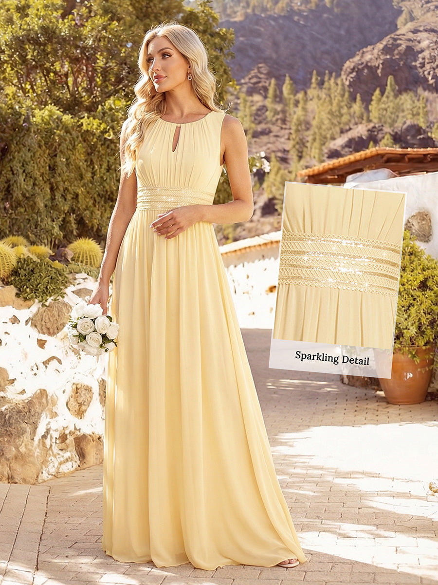 Bodenlanger A-Linien Chiffon Kleid Mit Rundhalsausschnitt Und Bestickten Details #Farbe_Gelb