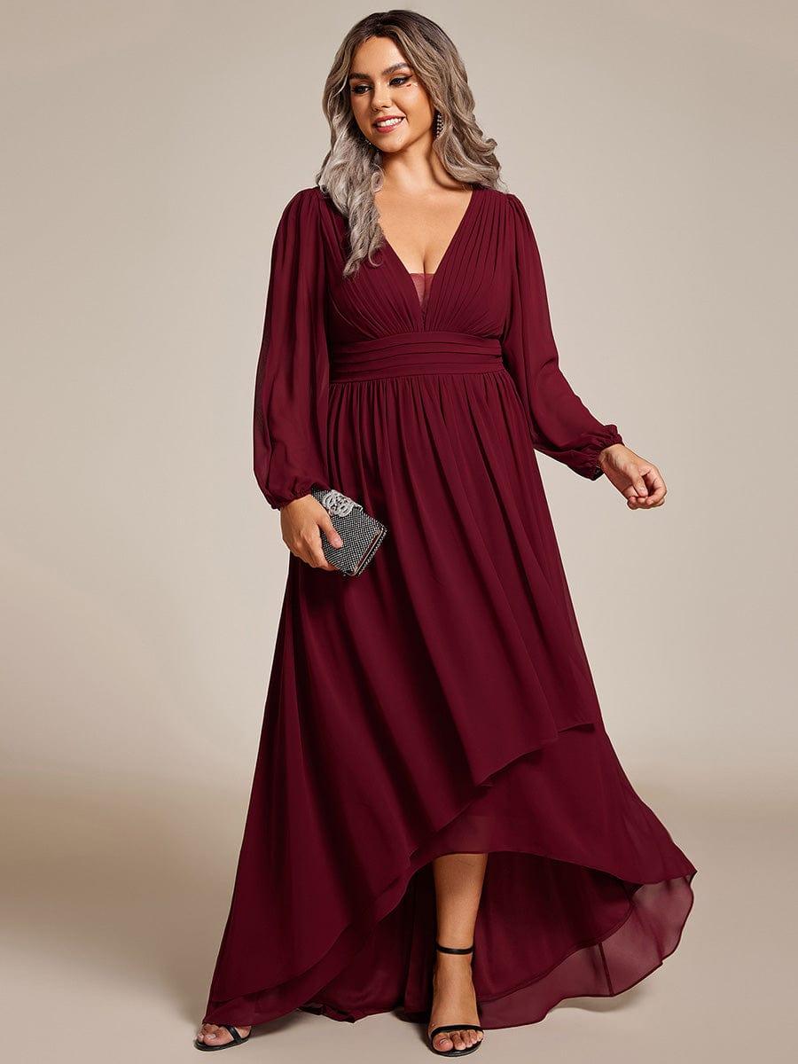 Robe d'invit¨¦ de mariage trap¨¨ze en mousseline fluide ¨¤ encolure ronde et longueur au genou #farbe_Burgundy