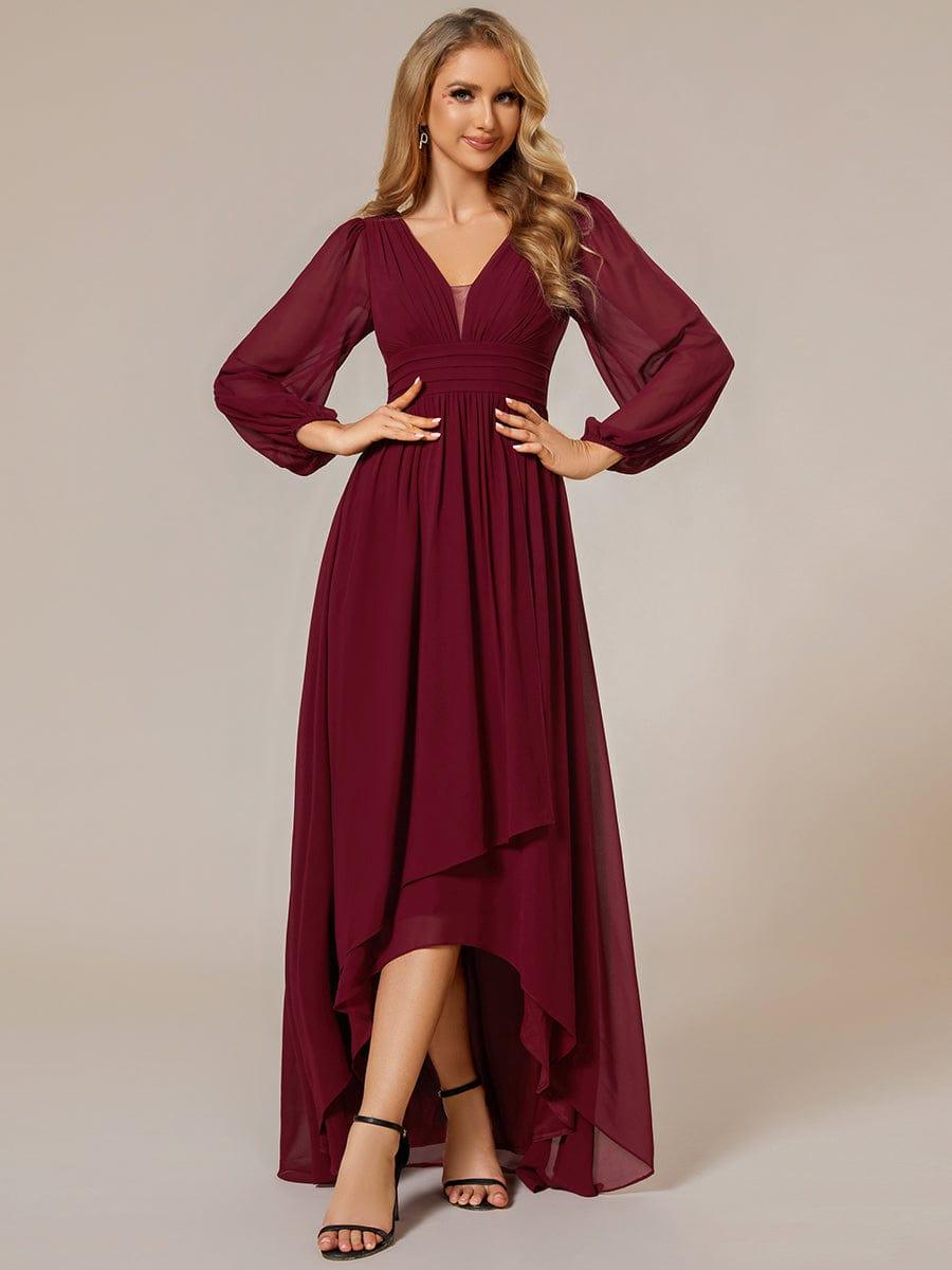 Robe d'invit¨¦ de mariage trap¨¨ze en mousseline fluide ¨¤ encolure ronde et longueur au genou #farbe_Burgundy