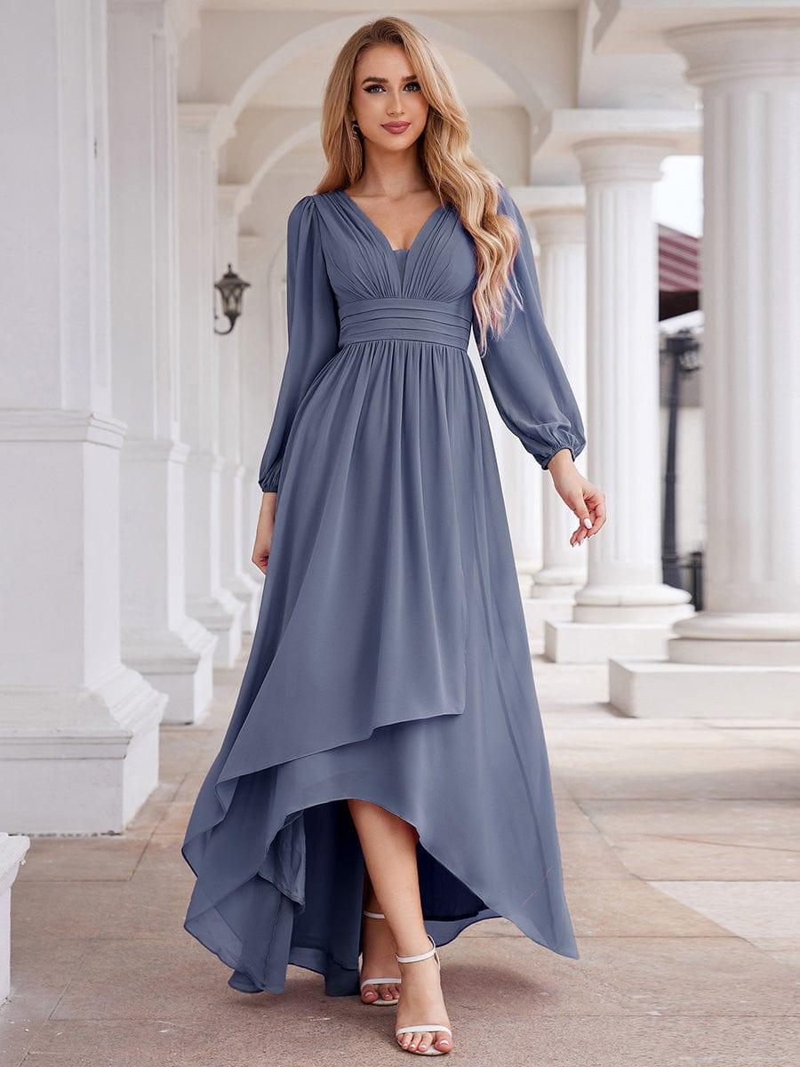 Robe d'invit¨¦ de mariage trap¨¨ze en mousseline fluide ¨¤ encolure ronde et longueur au genou #farbe_Dusty Navy
