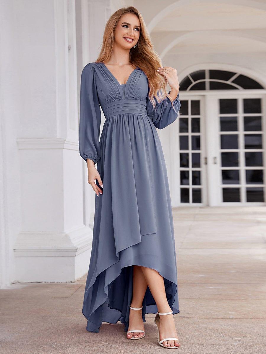 Robe d'invit¨¦ de mariage trap¨¨ze en mousseline fluide ¨¤ encolure ronde et longueur au genou #farbe_Dusty Navy