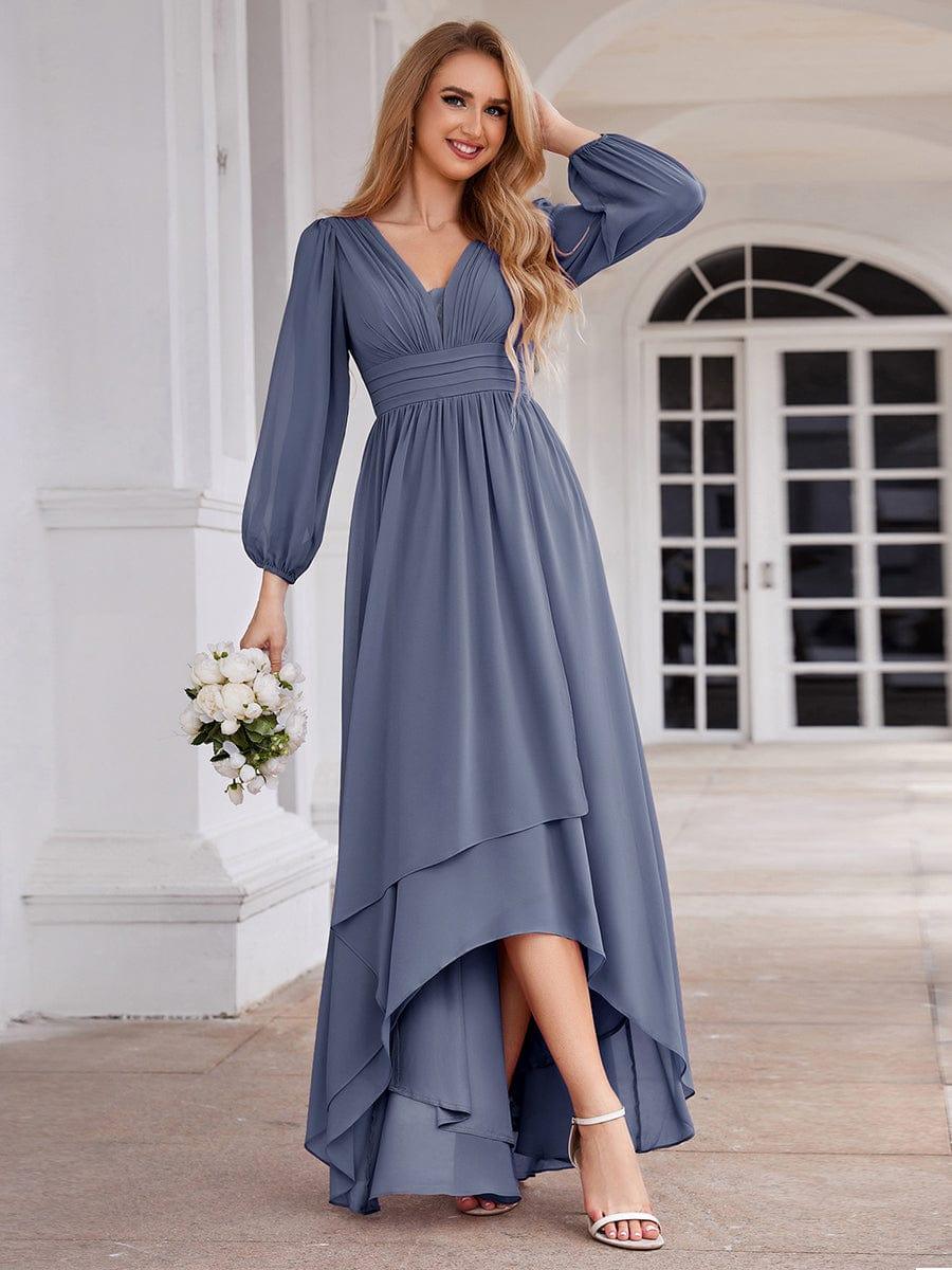 Robe d'invit¨¦ de mariage trap¨¨ze en mousseline fluide ¨¤ encolure ronde et longueur au genou #farbe_Dusty Navy