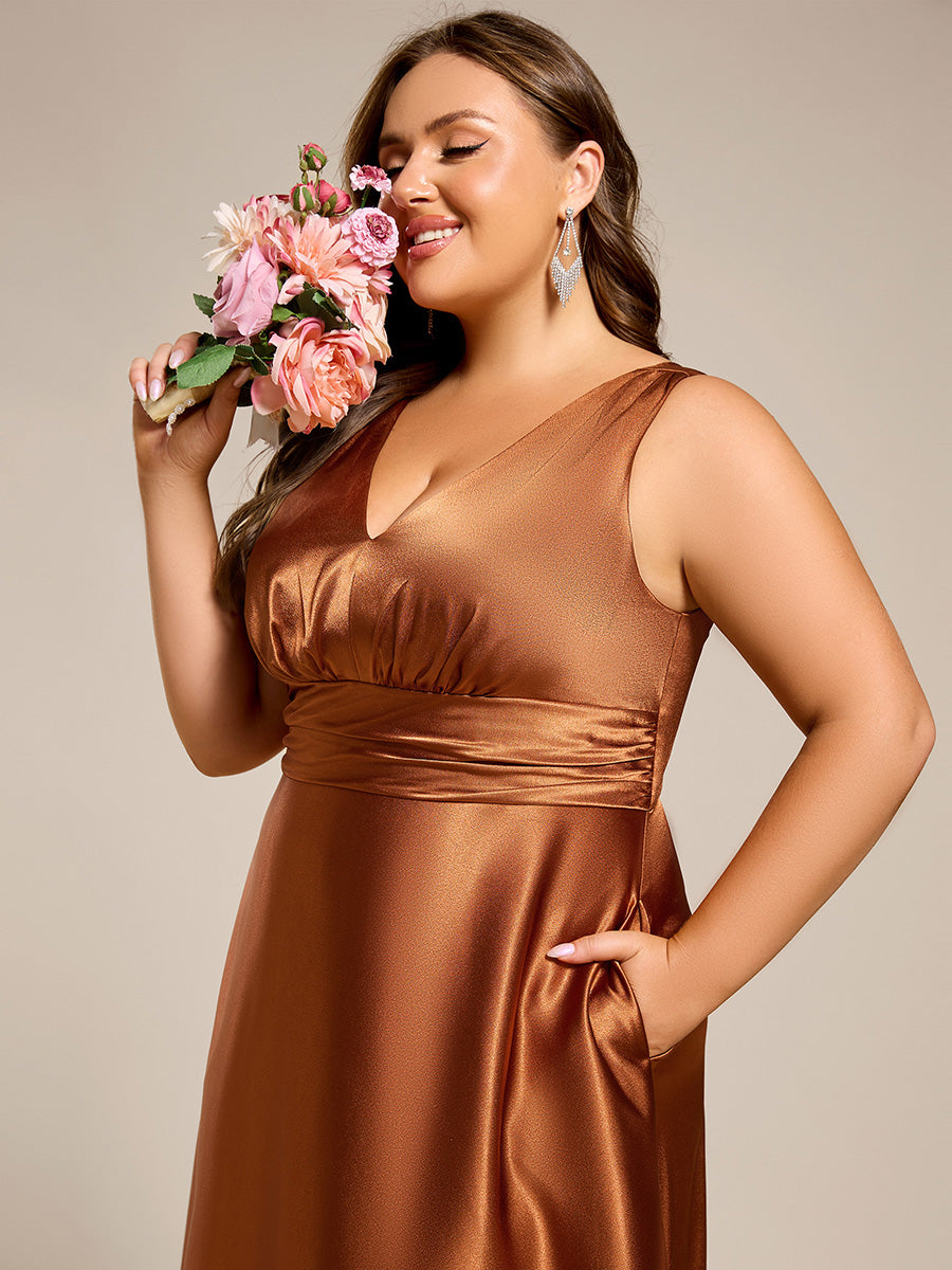 Bodenlanger V-Ausschnitt A-Linie Satin Kleid Mit Tiefem V-Ausschnitt Und Gerafften Details #Farbe_Kupfer