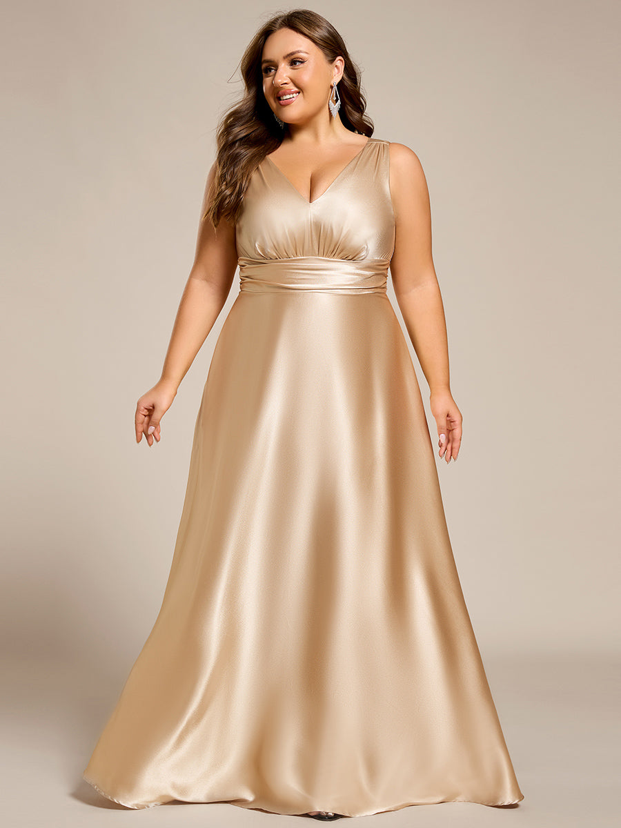 Bodenlanger V-Ausschnitt A-Linie Satin Kleid Mit Tiefem V-Ausschnitt Und Gerafften Details #Farbe_Champagner