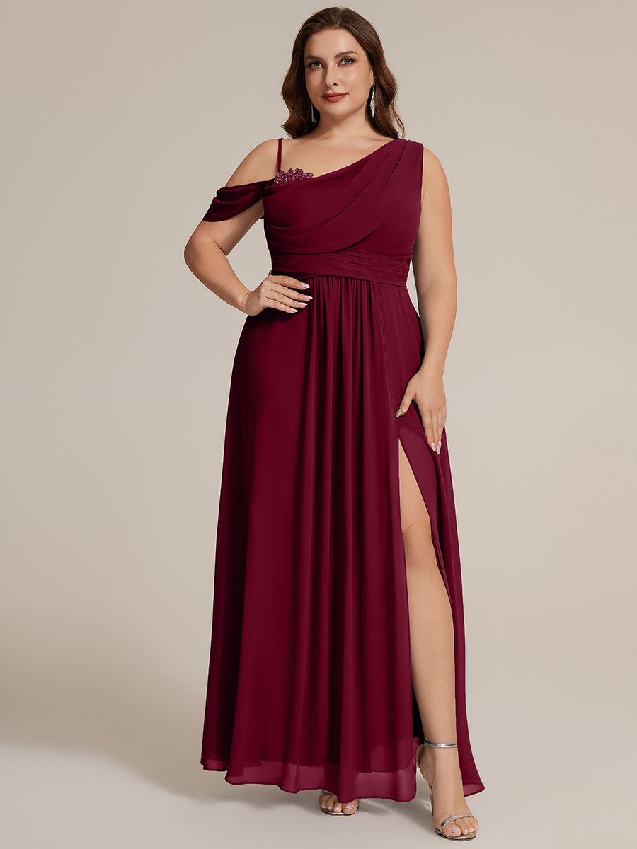 Bodenlanger Asymmetrischer A-Linien Chiffonkleid Mit Pailletten Hohem Schlitz Cowl Neck Kleid #Farbe_Burgunderrot