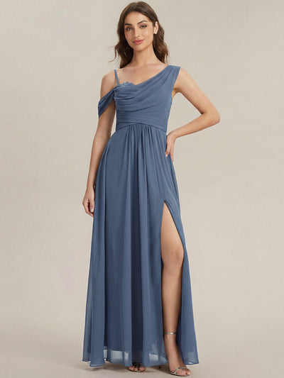 Bodenlanger Asymmetrischer A-Linien Chiffonkleid Mit Pailletten Hohem Schlitz Cowl Neck Kleid #Farbe_Taubenblau