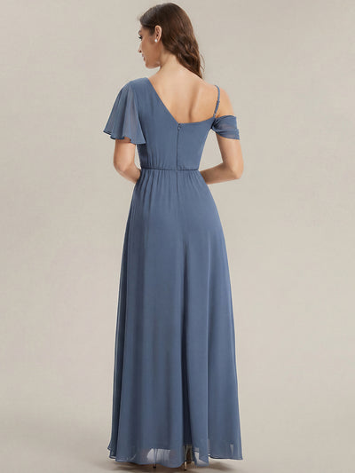 Bodenlanger Asymmetrischer A-Linien Chiffonkleid Mit Pailletten Hohem Schlitz Cowl Neck Kleid #Farbe_Taubenblau
