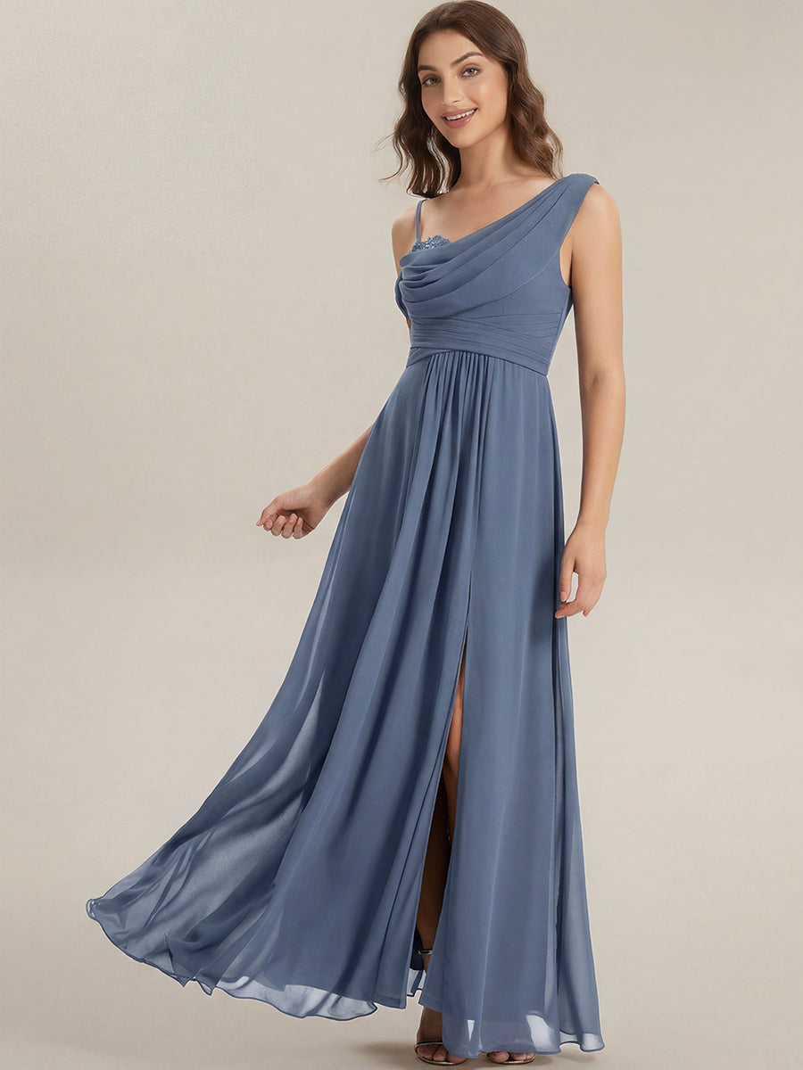 Bodenlanger Asymmetrischer A-Linien Chiffonkleid Mit Pailletten Hohem Schlitz Cowl Neck Kleid #Farbe_Taubenblau