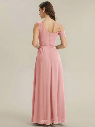 Bodenlanger Asymmetrischer A-Linien Chiffonkleid Mit Pailletten Hohem Schlitz Cowl Neck Kleid #Farbe_Altrosa