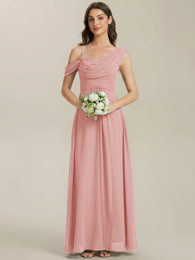 Bodenlanger Asymmetrischer A-Linien Chiffonkleid Mit Pailletten Hohem Schlitz Cowl Neck Kleid #Farbe_Altrosa