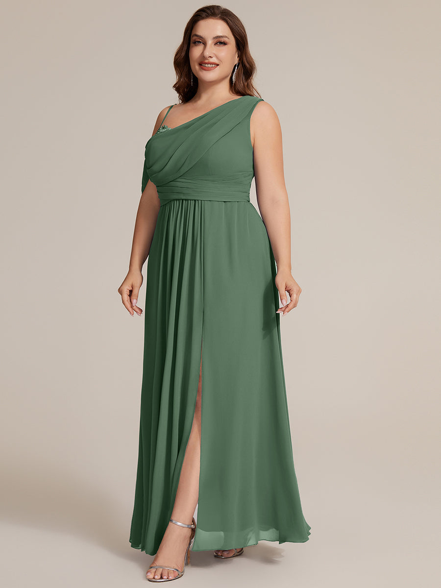 Bodenlanger Asymmetrischer A-Linien Chiffonkleid Mit Pailletten Hohem Schlitz Cowl Neck Kleid #Farbe_Eukalyptus