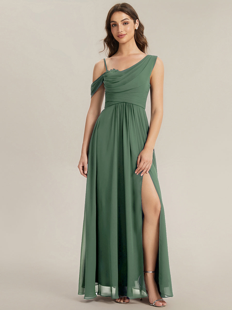 Bodenlanger Asymmetrischer A-Linien Chiffonkleid Mit Pailletten Hohem Schlitz Cowl Neck Kleid #Farbe_Eukalyptus