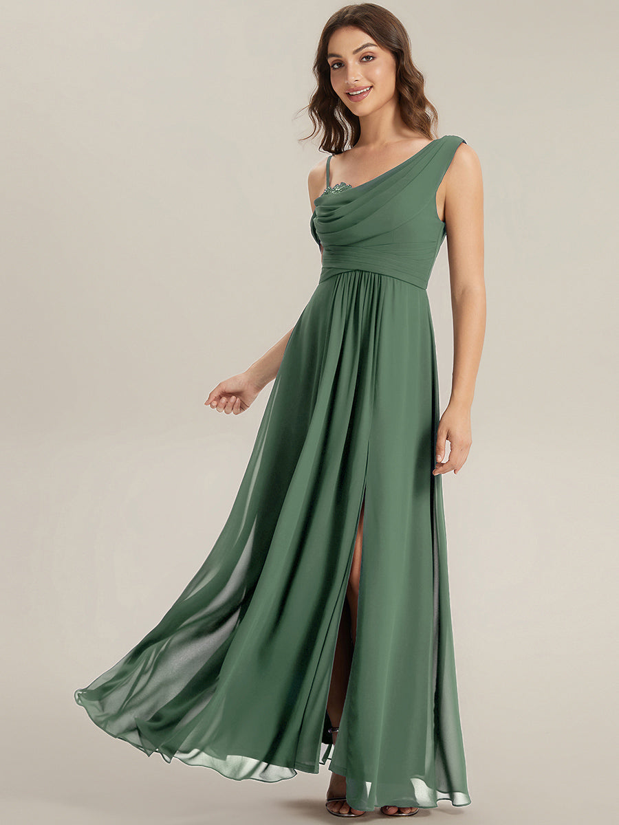 Bodenlanger Asymmetrischer A-Linien Chiffonkleid Mit Pailletten Hohem Schlitz Cowl Neck Kleid #Farbe_Eukalyptus