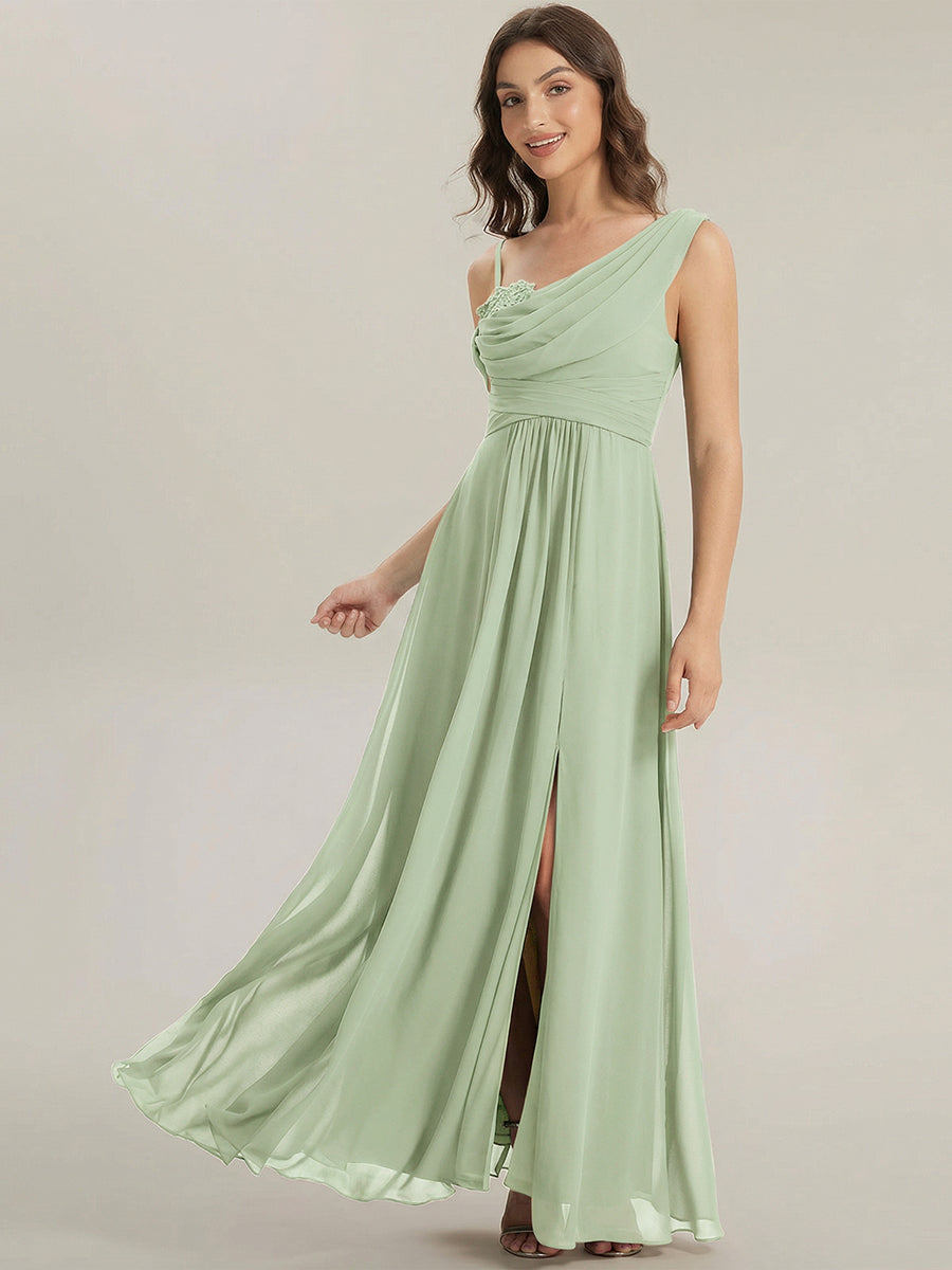 Bodenlanger Asymmetrischer A-Linien Chiffonkleid Mit Pailletten Hohem Schlitz Cowl Neck Kleid #Farbe_Mintgrün