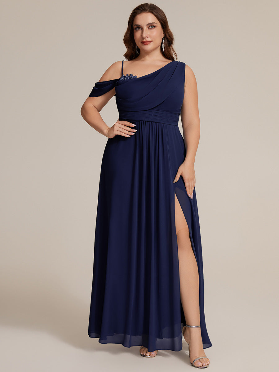 Bodenlanger Asymmetrischer A-Linien Chiffonkleid Mit Pailletten Hohem Schlitz Cowl Neck Kleid #Farbe_Marineblau