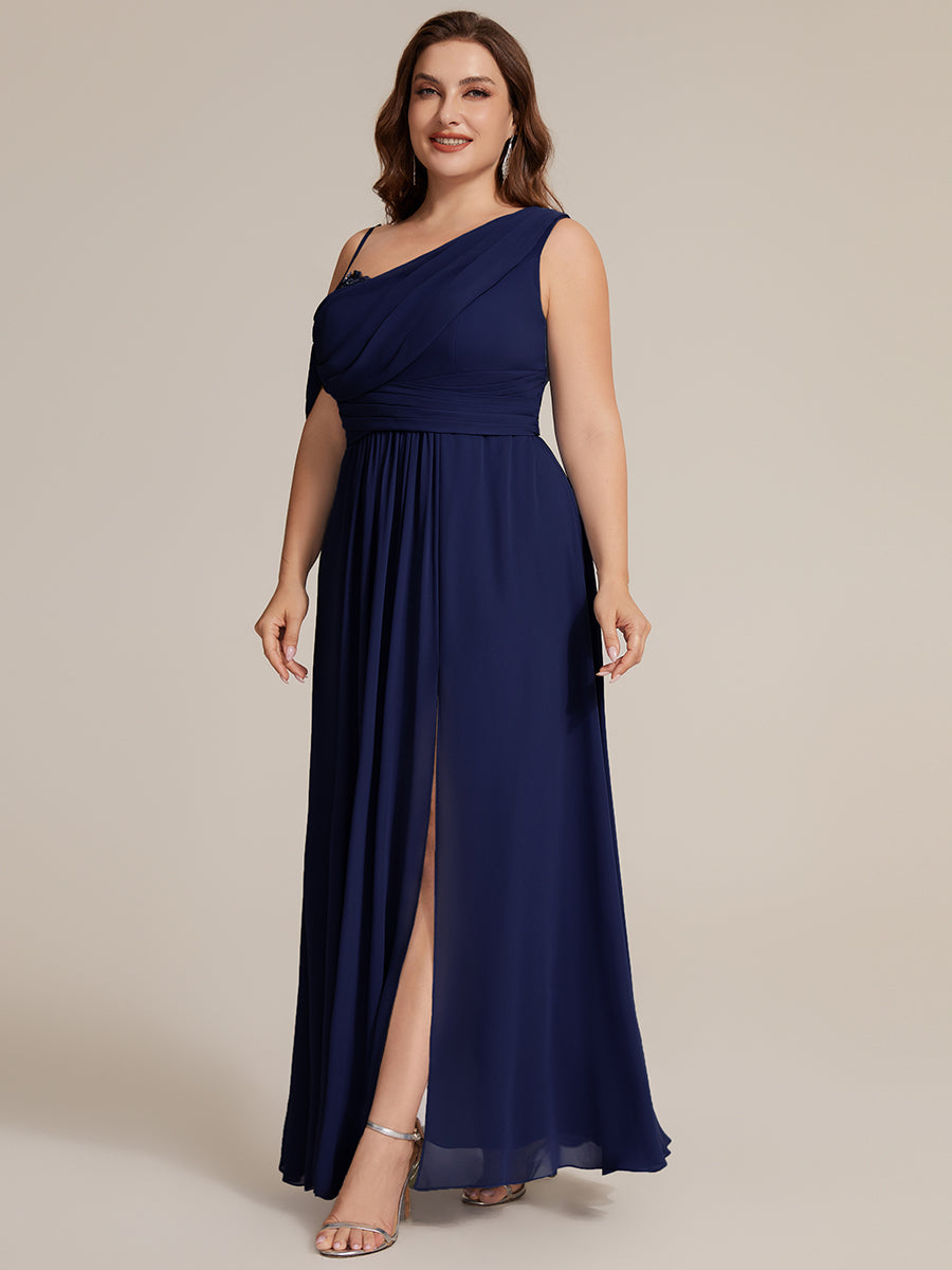 Bodenlanger Asymmetrischer A-Linien Chiffonkleid Mit Pailletten Hohem Schlitz Cowl Neck Kleid #Farbe_Marineblau