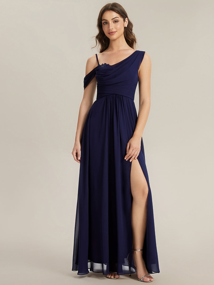 Bodenlanger Asymmetrischer A-Linien Chiffonkleid Mit Pailletten Hohem Schlitz Cowl Neck Kleid #Farbe_Marineblau