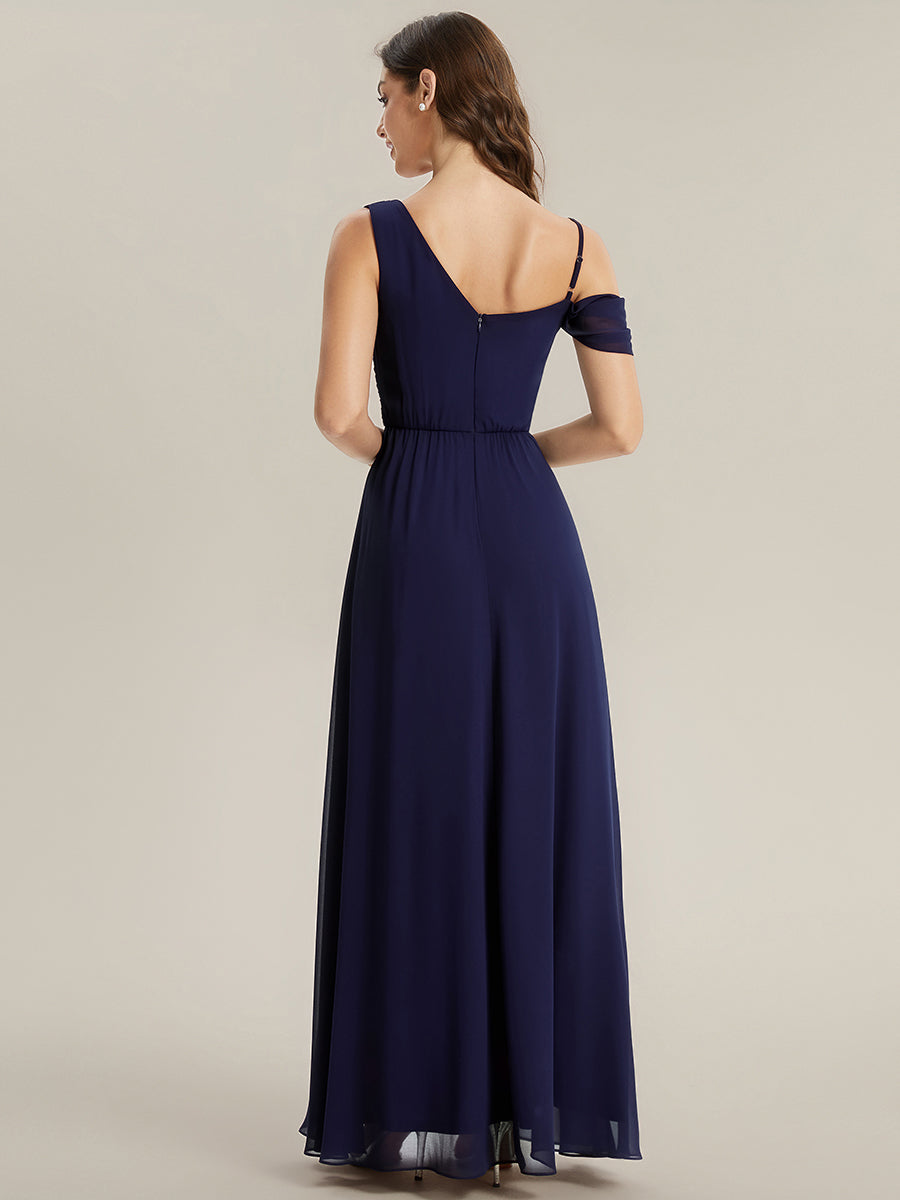 Bodenlanger Asymmetrischer A-Linien Chiffonkleid Mit Pailletten Hohem Schlitz Cowl Neck Kleid #Farbe_Marineblau