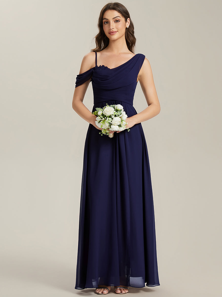 Bodenlanger Asymmetrischer A-Linien Chiffonkleid Mit Pailletten Hohem Schlitz Cowl Neck Kleid #Farbe_Marineblau