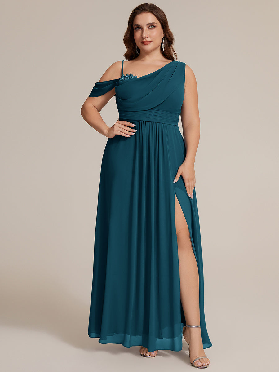 Bodenlanger Asymmetrischer A-Linien Chiffonkleid Mit Pailletten Hohem Schlitz Cowl Neck Kleid #Farbe_Petrol