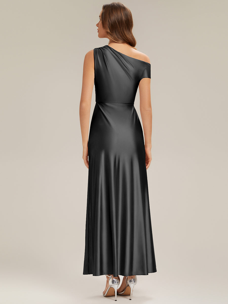 Knöchellanges asymmetrisches Sheath Satin Kleid Mit Raffinierten Details Und Hohem Schlitz #Farbe_Schwarz