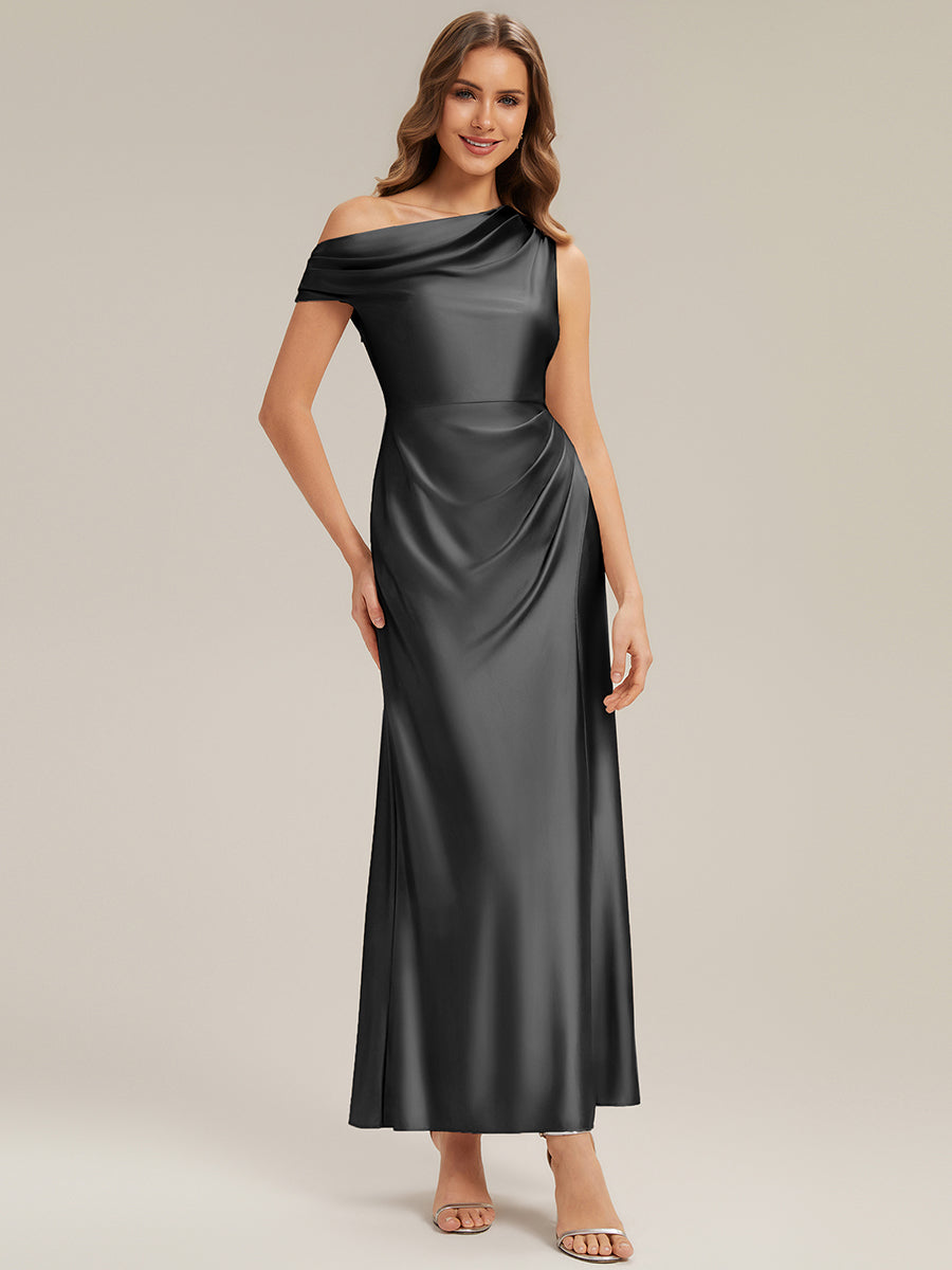 Knöchellanges  Asymmetrisches Sheath Satin Kleid Mit Raffinierten Details Und Hohem Schlitz #Farbe_Schwarz