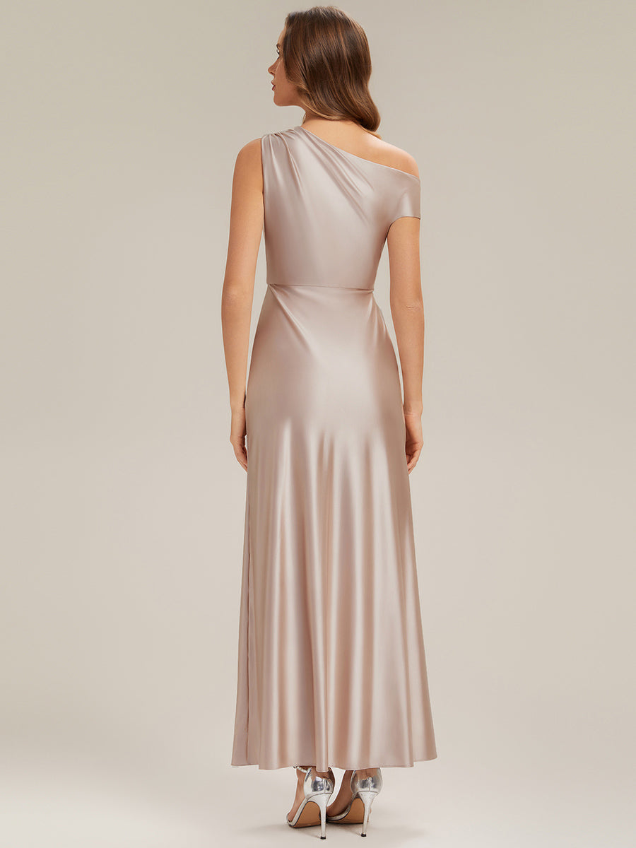 Knöchellanges Asymmetrisches Sheath Satin Kleid Mit Raffinierten Details Und Hohem Schlitz #Farbe_Champagner