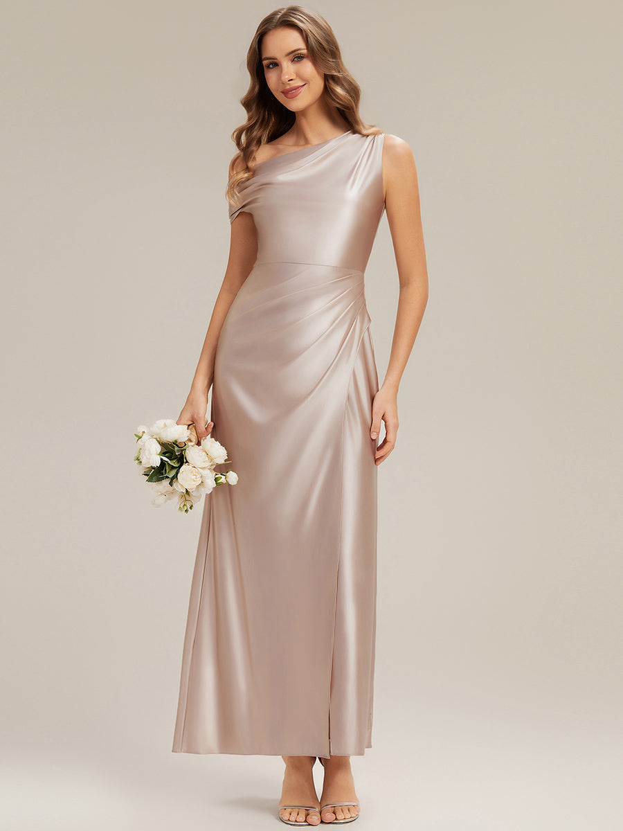 Knöchellanges Asymmetrisches Sheath Satin Kleid Mit Raffinierten Details Und Hohem Schlitz #Farbe_Champagner