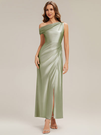 Knöchellanges Asymmetrisches Sheath Satin Kleid Mit Raffinierten Details Und Hohem Schlitz #Farbe_Salbeigrün