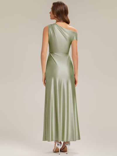 Knöchellanges Asymmetrisches Sheath Satin Kleid Mit Raffinierten Details Und Hohem Schlitz #Farbe_Salbeigrün
