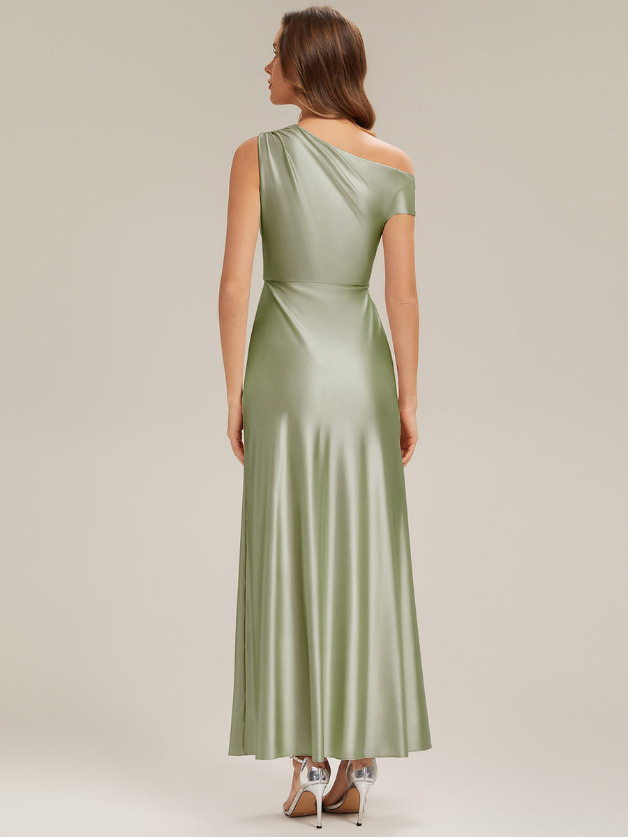 Knöchellanges Asymmetrisches Sheath Satin Kleid Mit Raffinierten Details Und Hohem Schlitz #Farbe_Salbeigrün