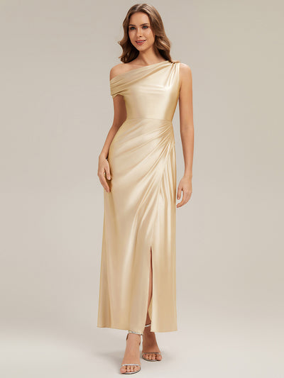 Knöchellanges Asymmetrisches Sheath Satin Kleid Mit Raffinierten Details Und Hohem Schlitz #Farbe_Gelb