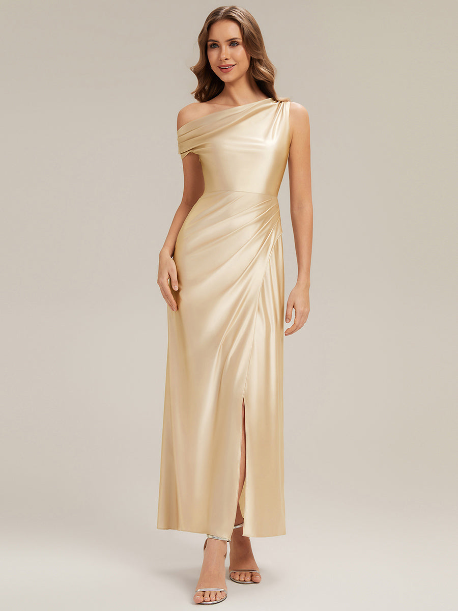 Knöchellanges Asymmetrisches Sheath Satin Kleid Mit Raffinierten Details Und Hohem Schlitz #Farbe_Gelb