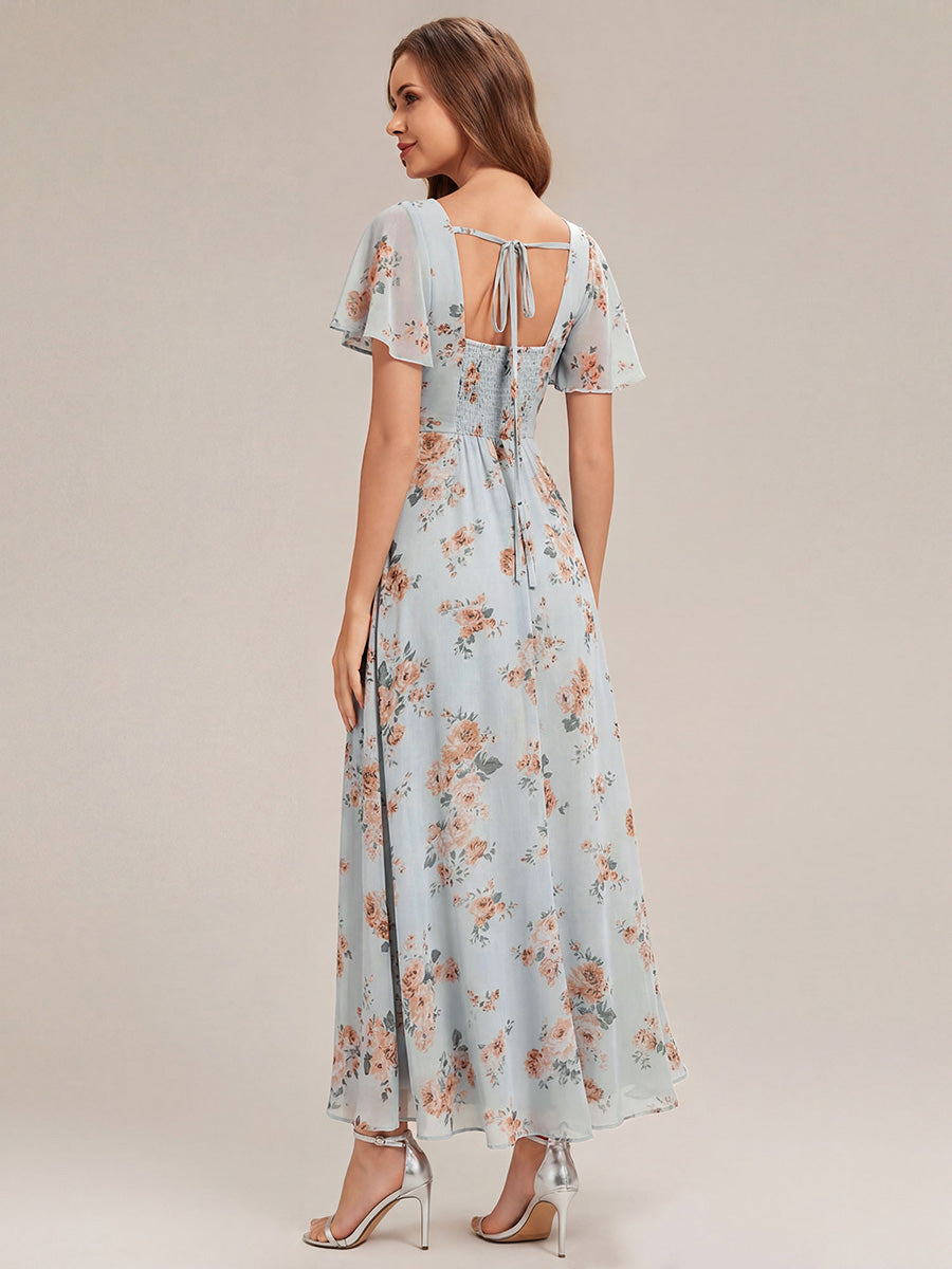 Kn?chellang A-Linien Chiffon Kleid Square Neck Raffung Gathered R¨¹ckenfrei Design #Farbe_Bernstein
