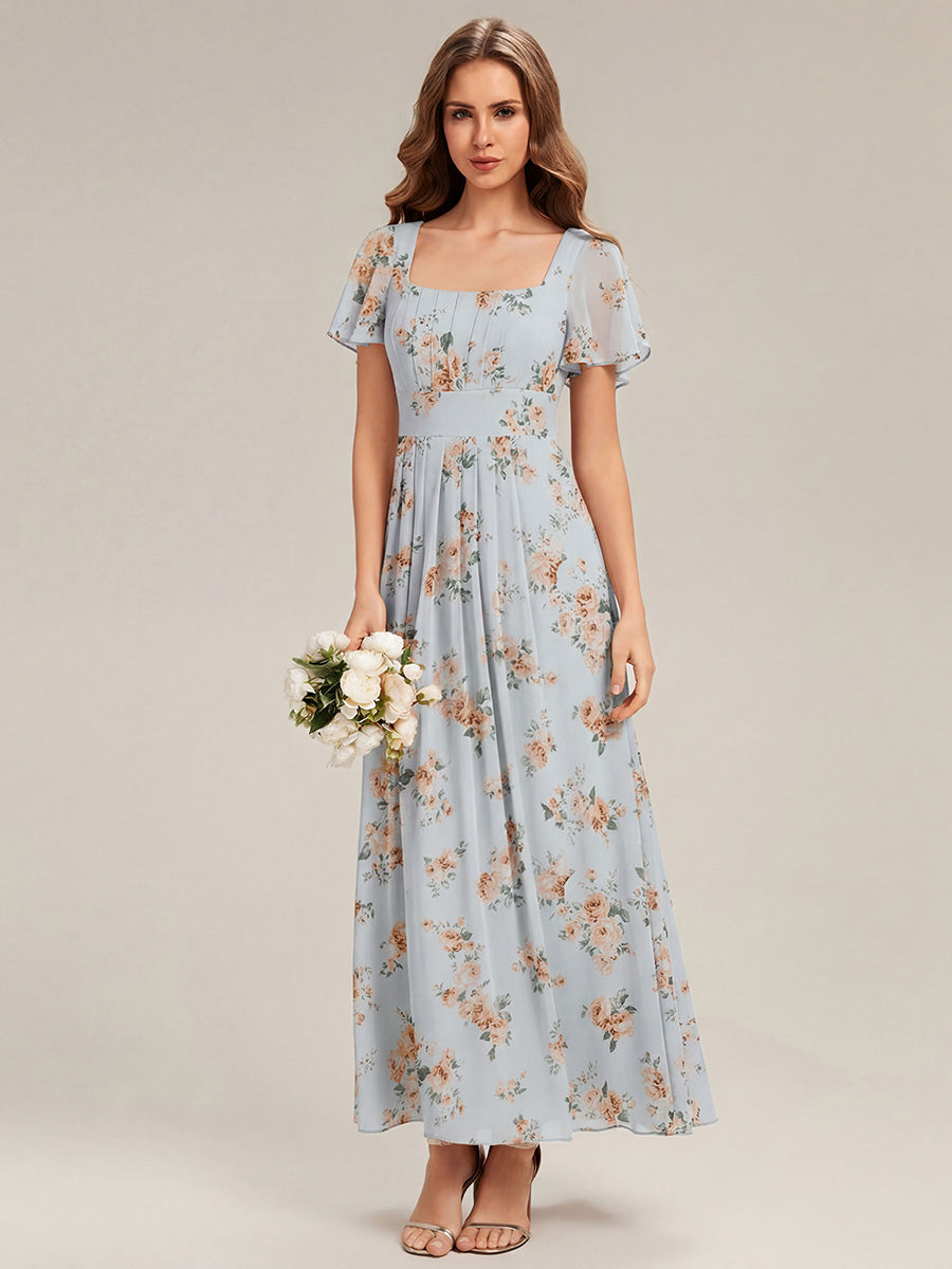 Kn?chellang A-Linien Chiffon Kleid Square Neck Raffung Gathered R¨¹ckenfrei Design #Farbe_Bernstein