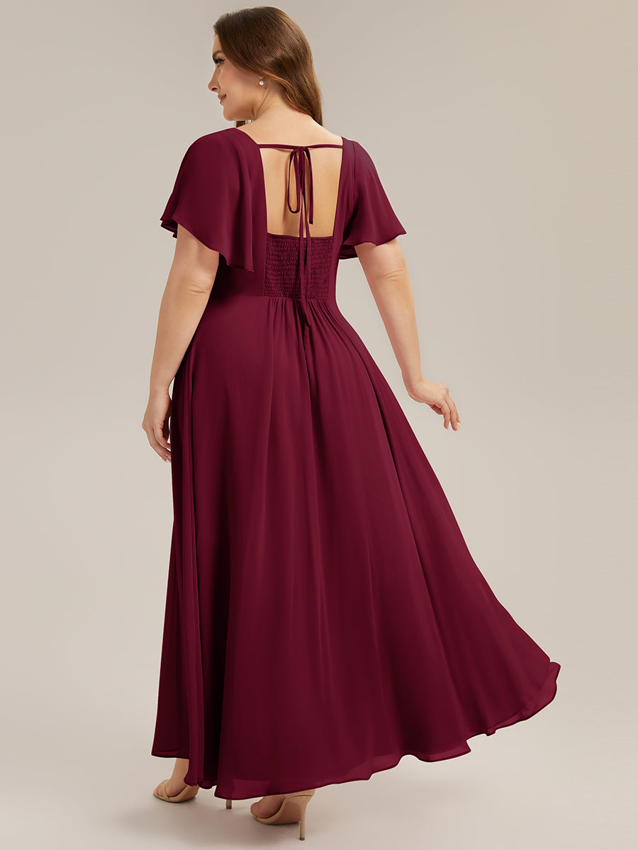 Kn?chellang A-Linien Chiffon Kleid Square Neck Raffung Gathered R¨¹ckenfrei Design #Farbe_Burgunderrot