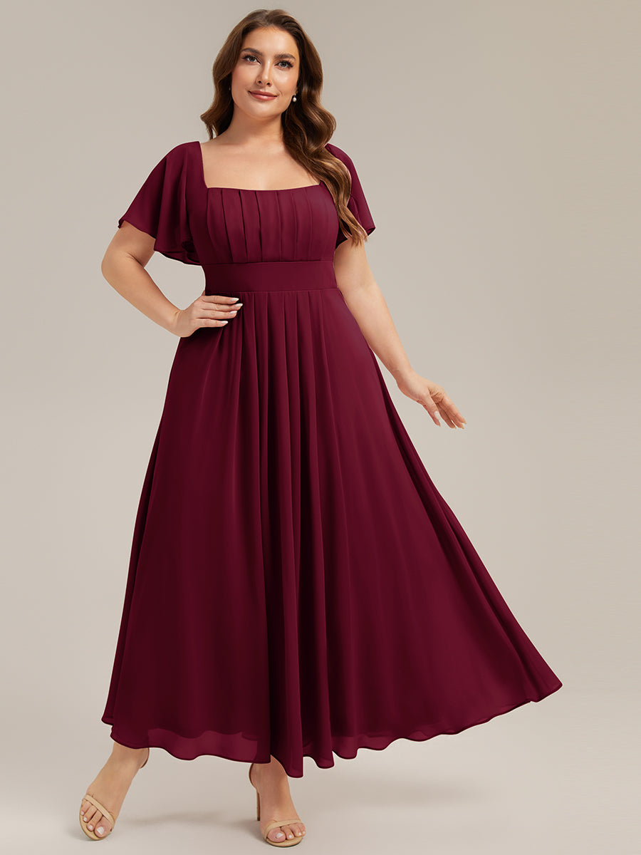Kn?chellang A-Linien Chiffon Kleid Square Neck Raffung Gathered R¨¹ckenfrei Design #Farbe_Burgunderrot