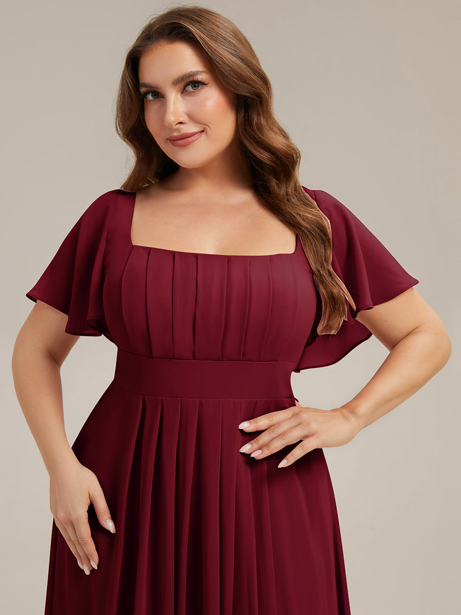 Kn?chellang A-Linien Chiffon Kleid Square Neck Raffung Gathered R¨¹ckenfrei Design #Farbe_Burgunderrot